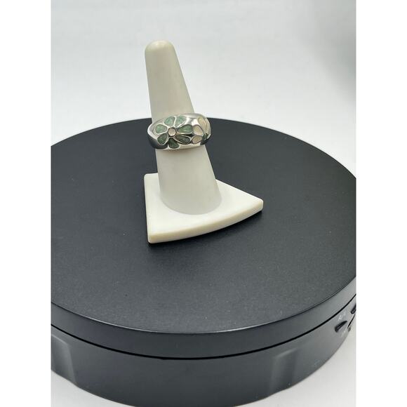 Chateau D'Argent C^A Sterling Green Cream Enamel Petal Flower Dome Ring sz 8.25 - Picture 3 of 10